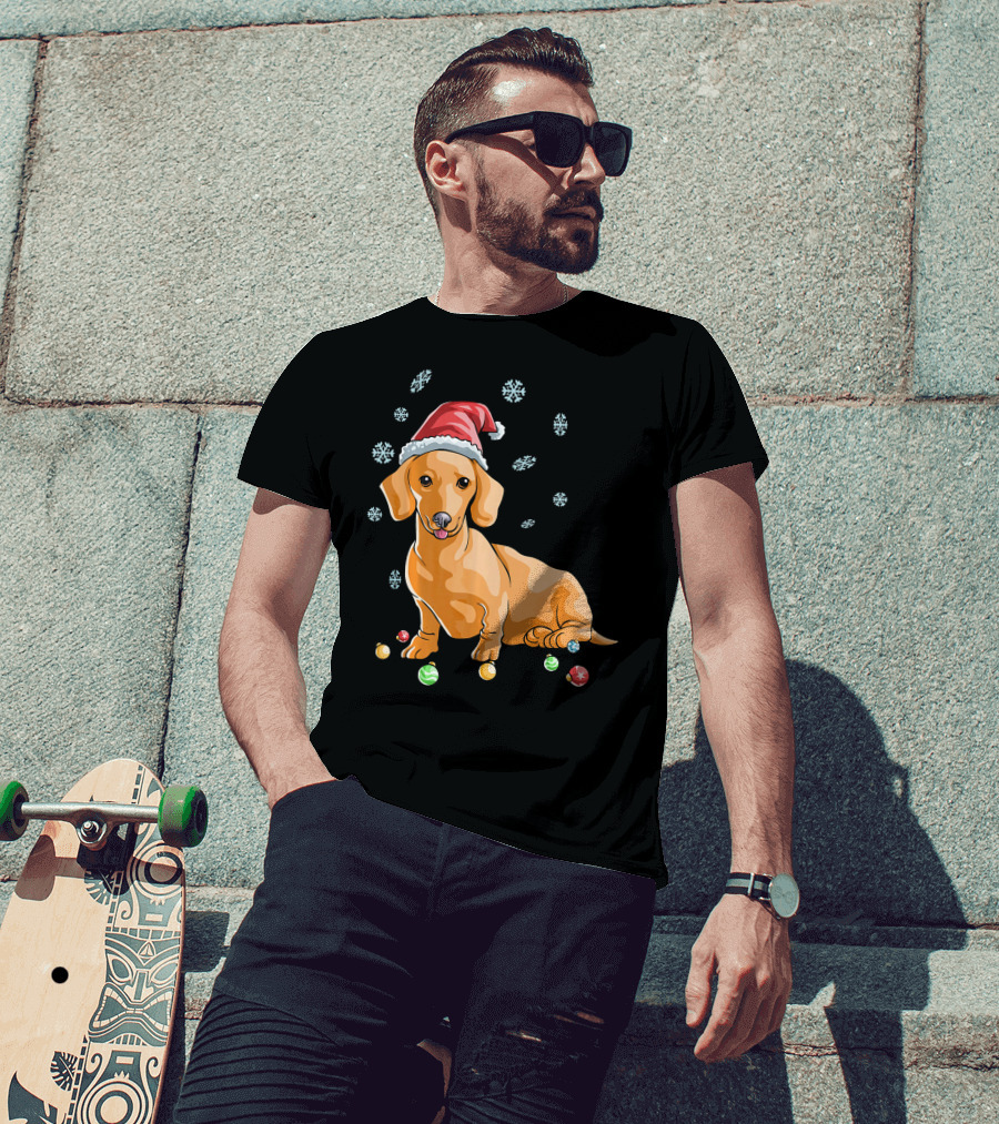 Wiener Dog Dachshund Puppy Santa Hat Snowflakes Holiday T-Shirt