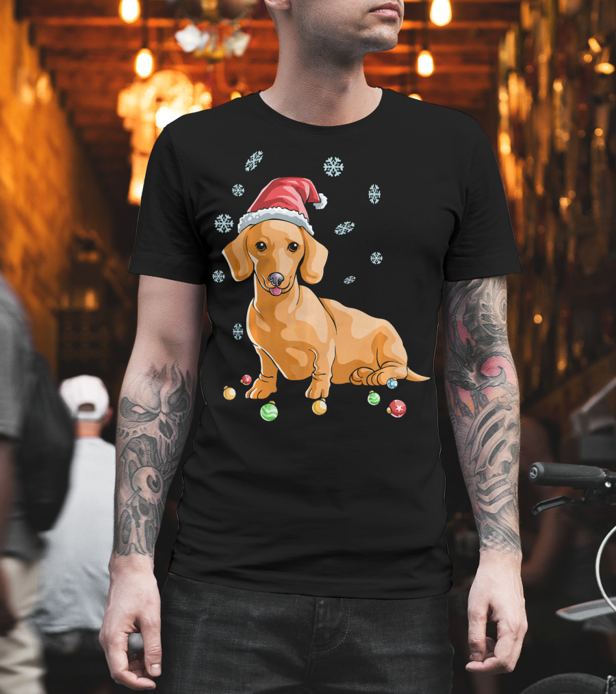 Wiener Dog Dachshund Puppy Santa Hat Snowflakes Holiday T-Shirt