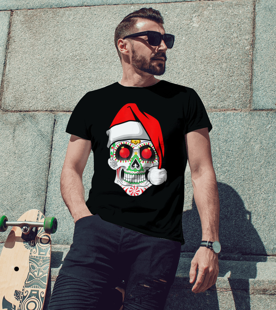 Jingle Jangle Christmas Sugar Skull Santa Hat Peppermint T-Shirt