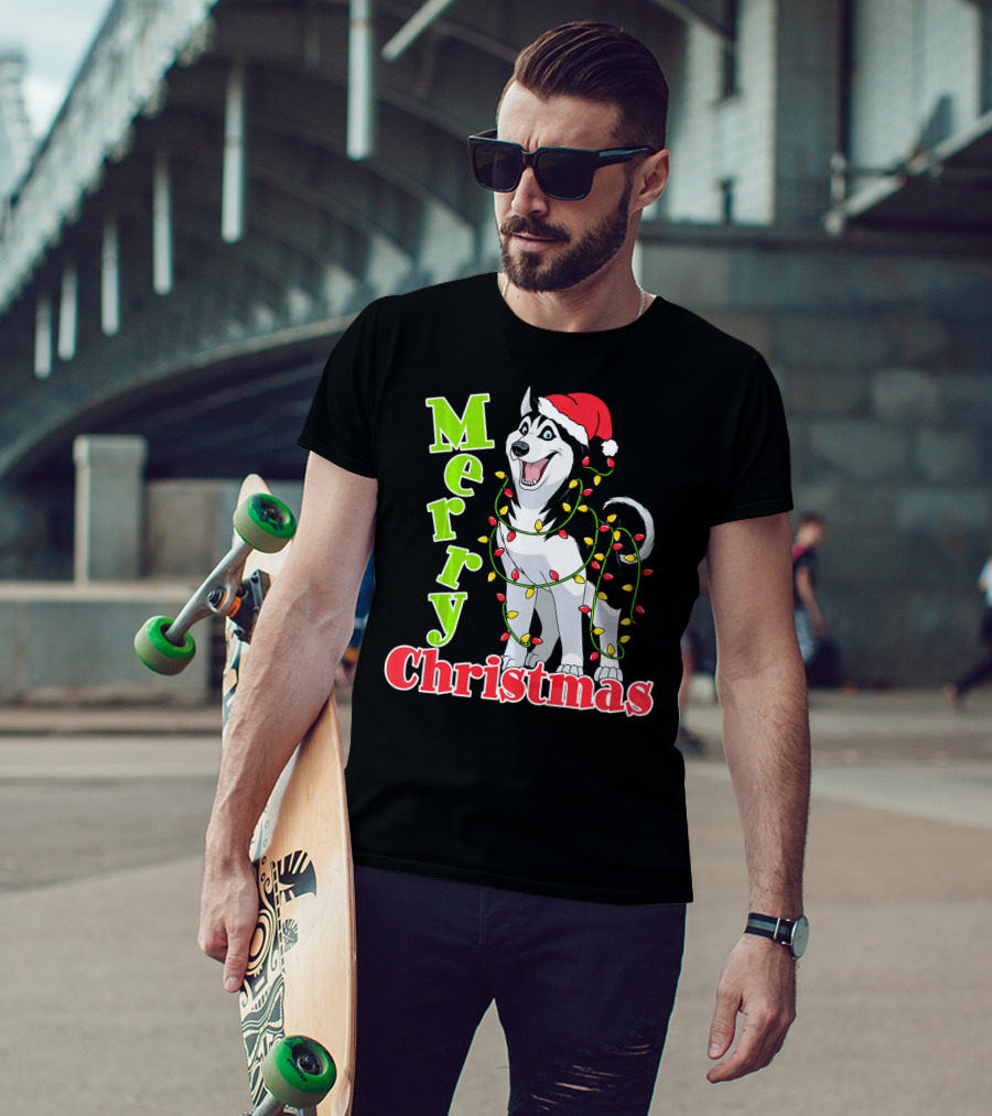 Merry Christmas Husky Festive Lights Holiday Santa Hat T-Shirt