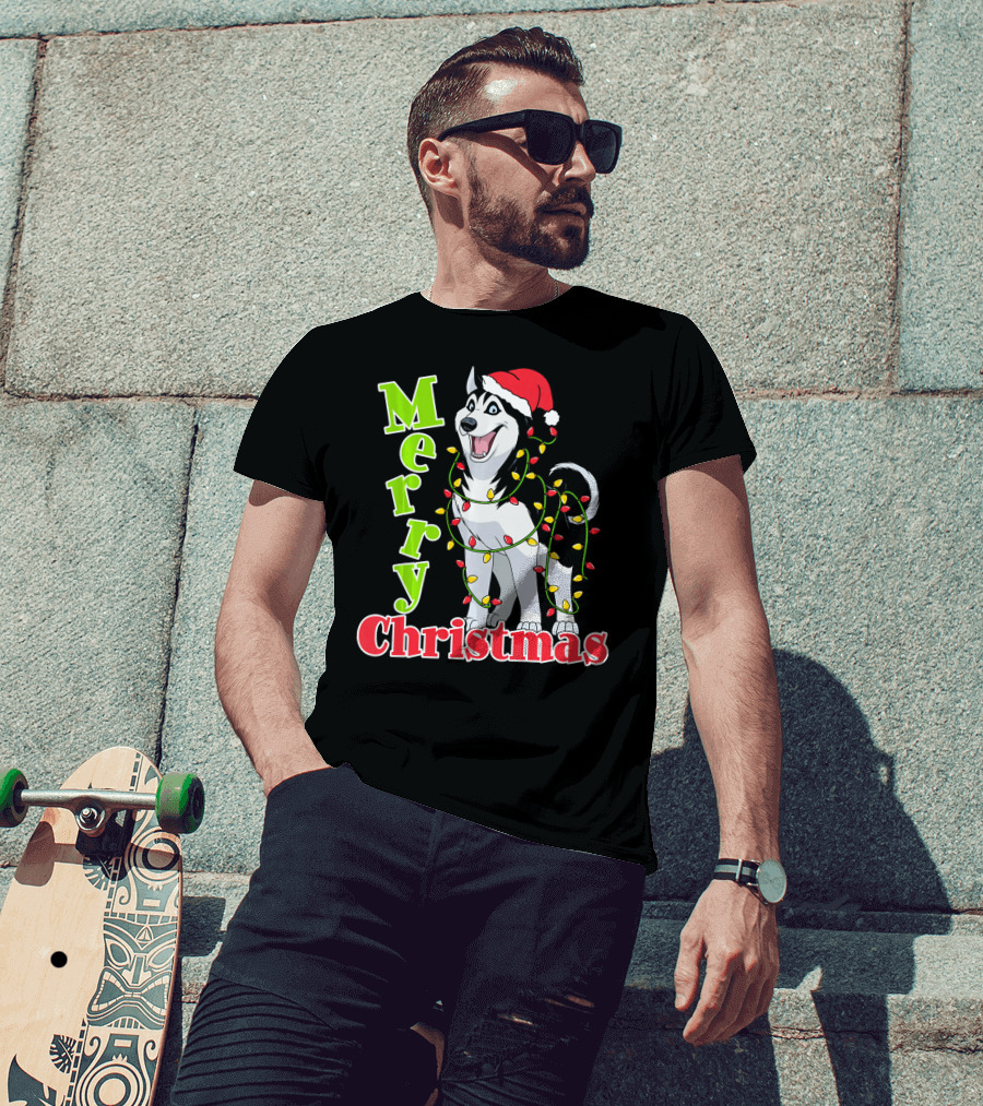 Merry Christmas Husky Festive Lights Holiday Santa Hat T-Shirt