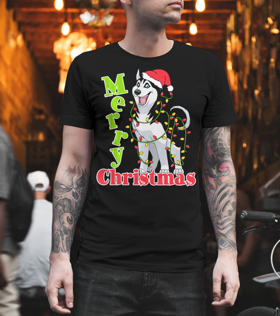 Merry Christmas Husky Festive Lights Holiday Santa Hat T-Shirt