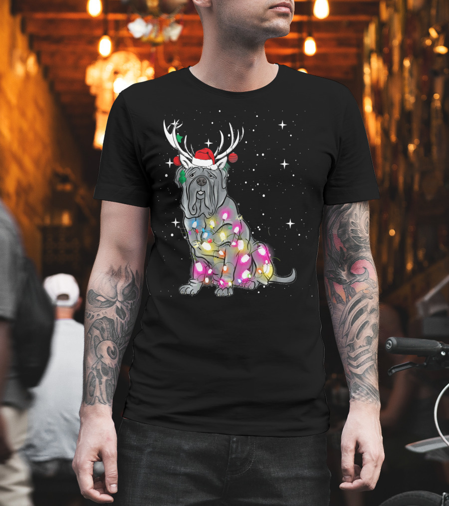 Neapolitan Mastiff With Christmas Lights And Santa Hat In Snowy Night T-Shirt