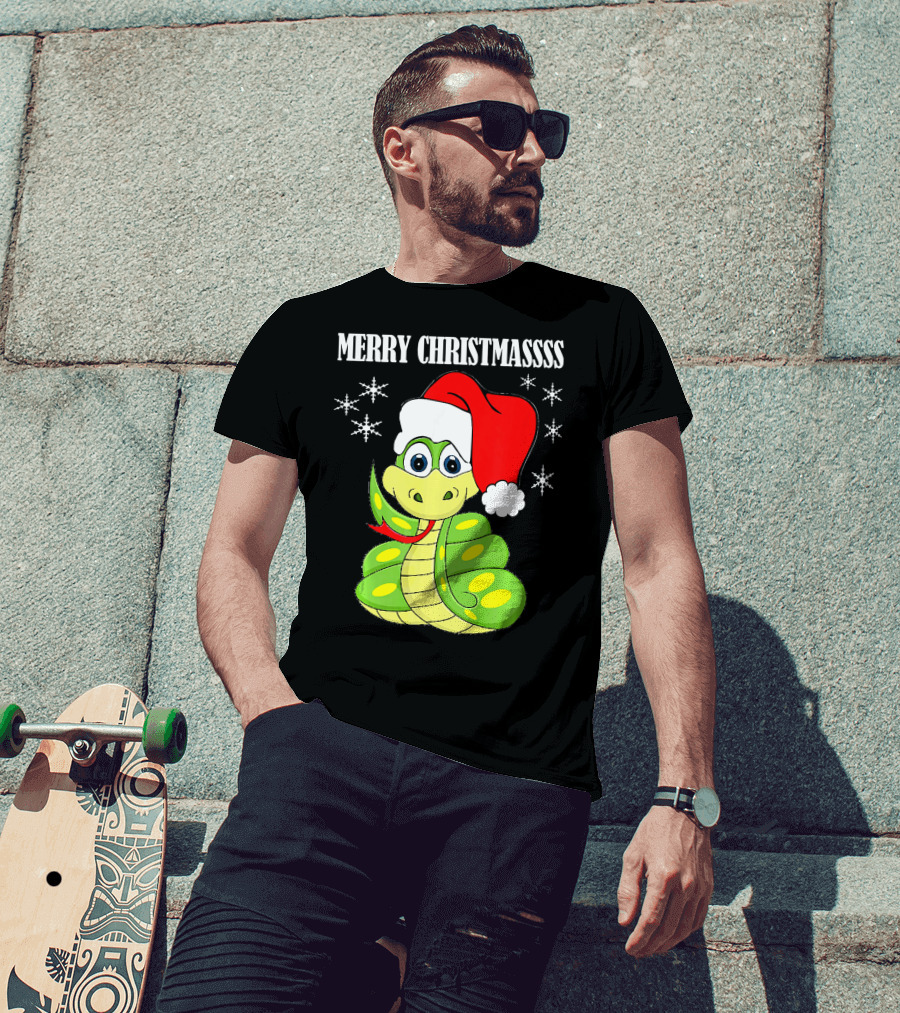 Merry Christmassss Snake Cute Snak Santa Hat Snowflakes T-Shirt