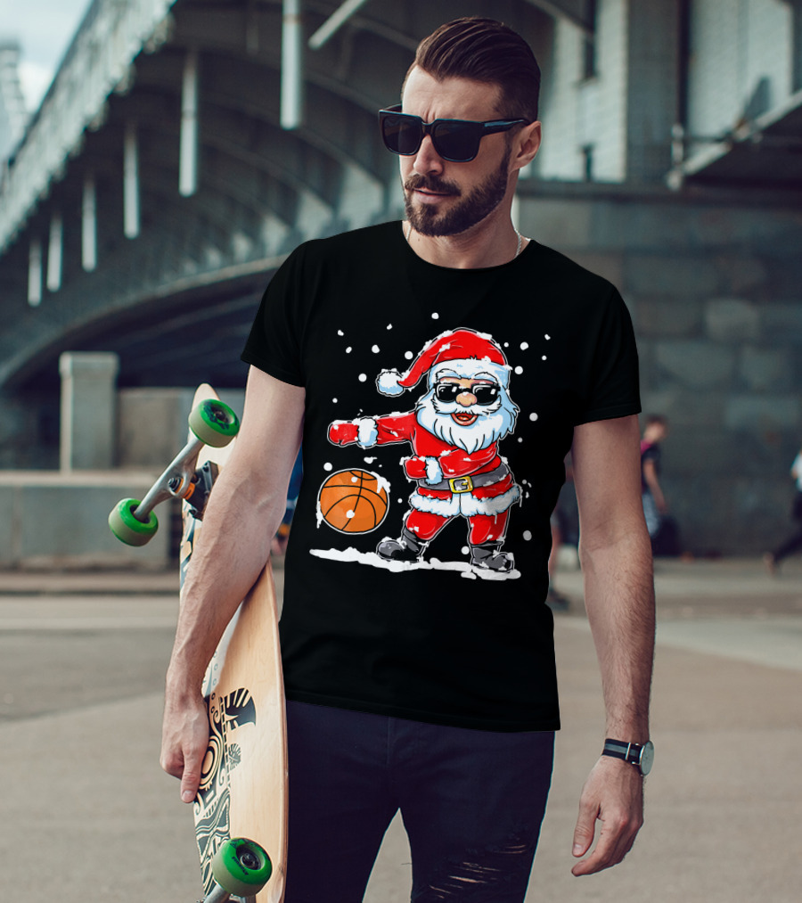 Santa Flossing With Basketball In Snowy Christmas Scene T-Shirt