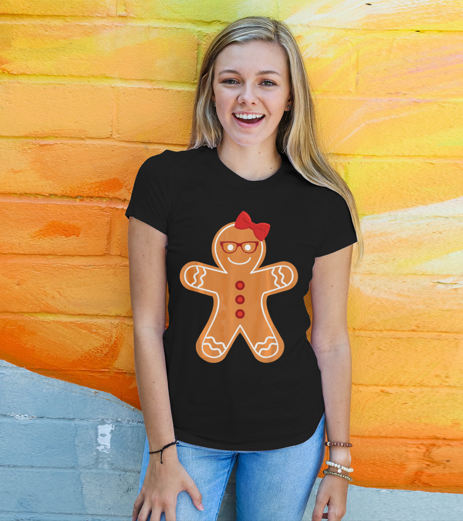 Gingerbread Girl Cookie With Glasses And Red Bow Christmas T-Shirt