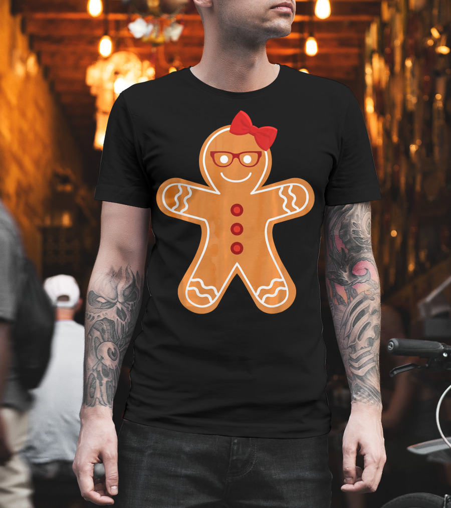 Gingerbread Girl Cookie with Glasses and Red Bow Christmas T-Shirt