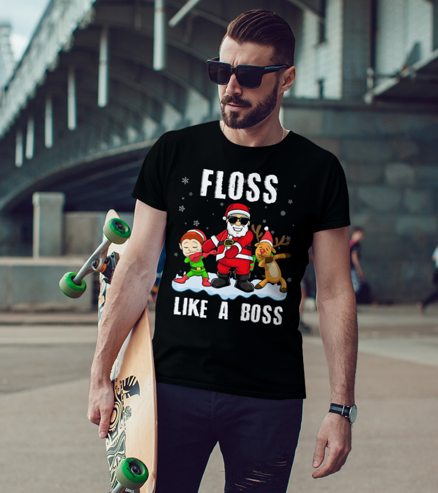 Floss Like A Boss Santa With Elf And Reindeer Dance Funny Christmas T-Shirt