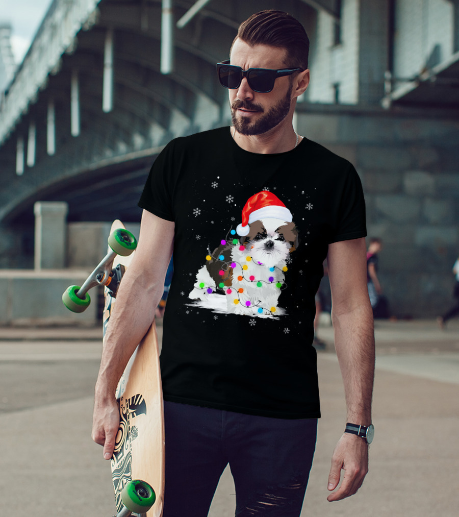 Shih Tzu Santa Hat Christmas Lights Snowflakes T-Shirt