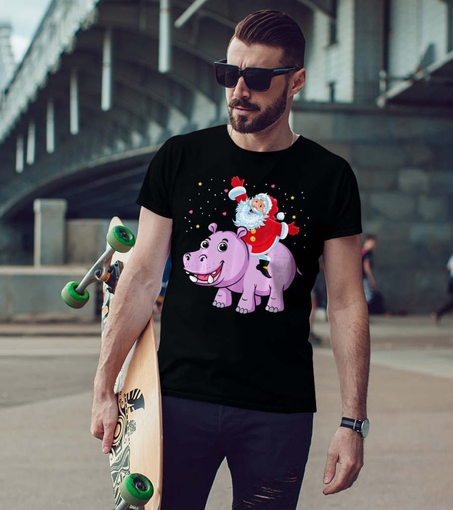 Santa Claus Riding A Happy Hippo Merry Christmas Stars T-Shirt