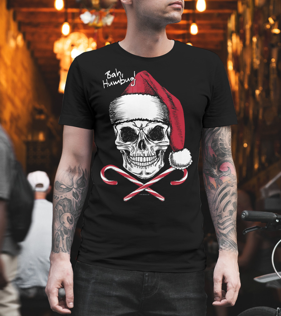 Bah Humbug Skull with Santa Hat and Candy Canes Christmas Funny Santa T-Shirt