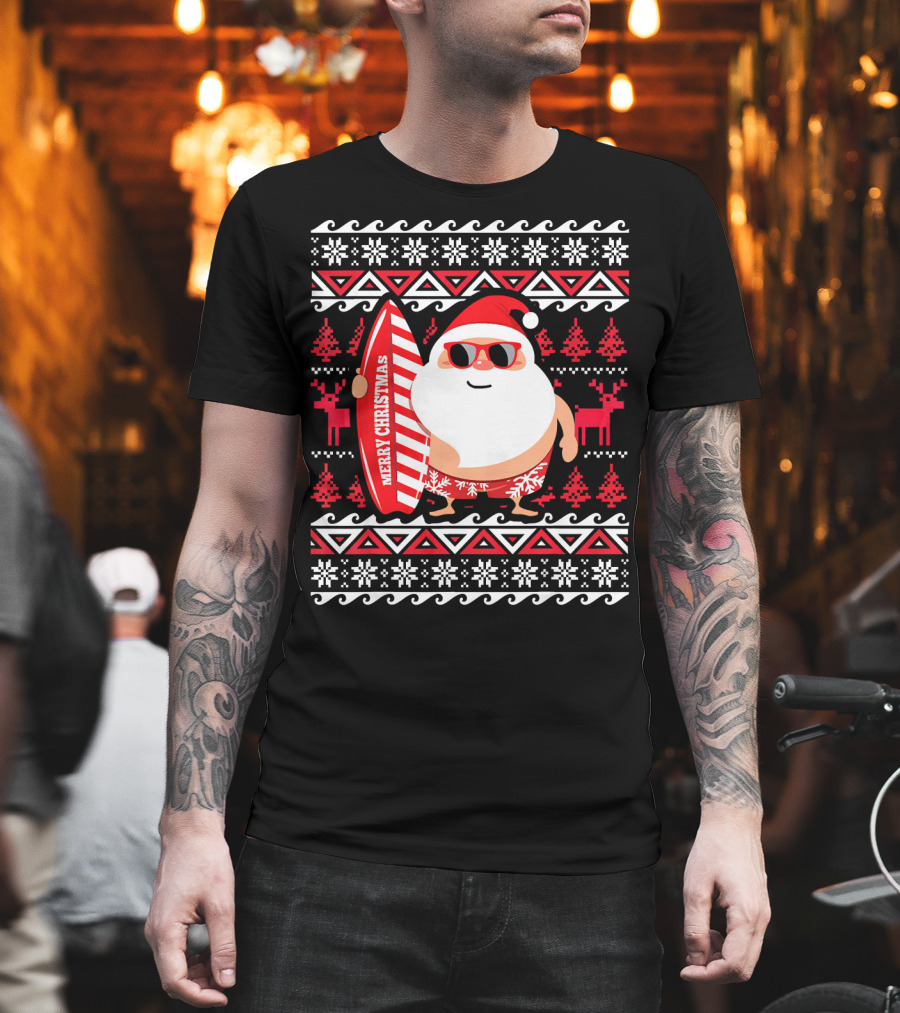 Surfing Santa Claus Merry Christmas Hawaii Red Reindeer Snowflakes T-Shirt