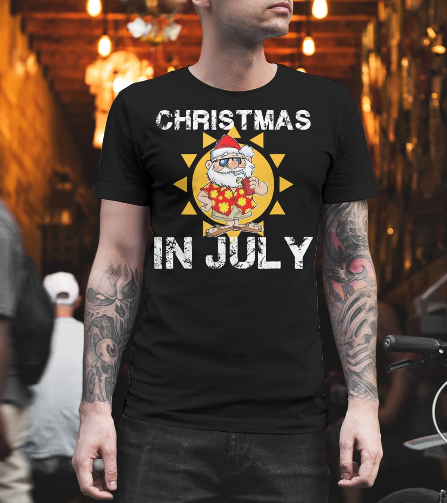 Christmas In July Funny Santa in Hawaiian Shirt with Sunglasses and Drink T-Shirt