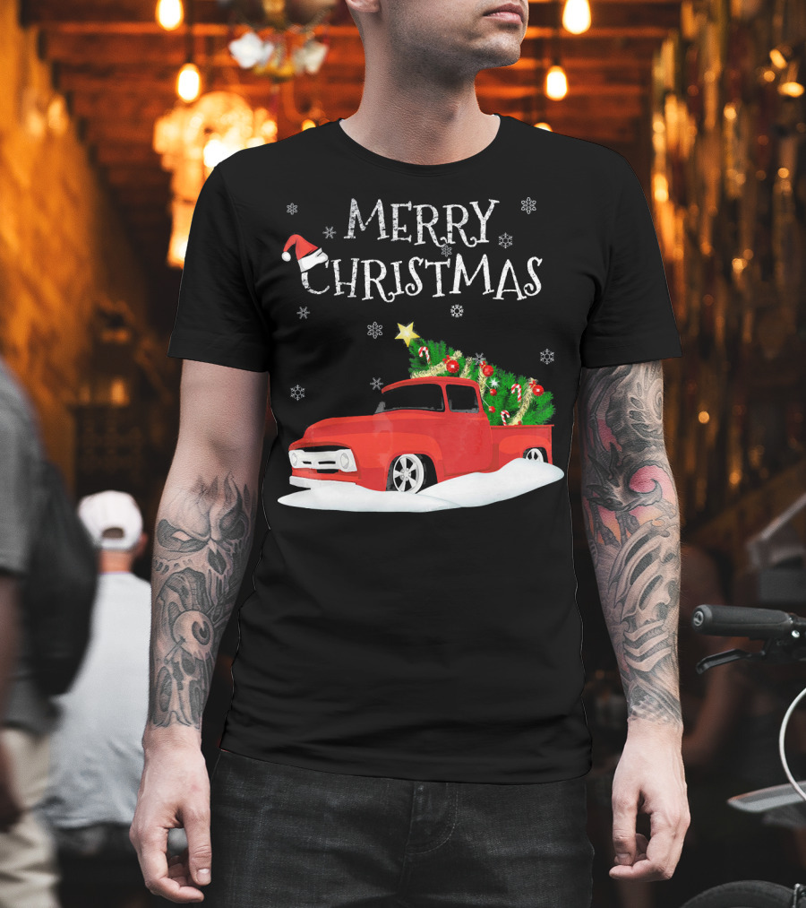 Merry Christmas Red Vintage Truck with Snow and Christmas Tree T-Shirt