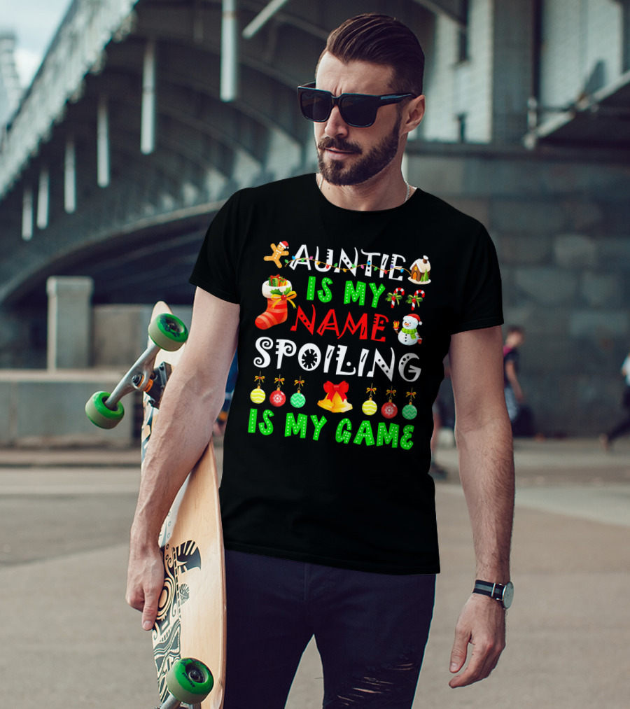 Auntie Is My Name Spoiling Is My Game Christmas Ornaments Snowman Gingerbread House T-Shirt