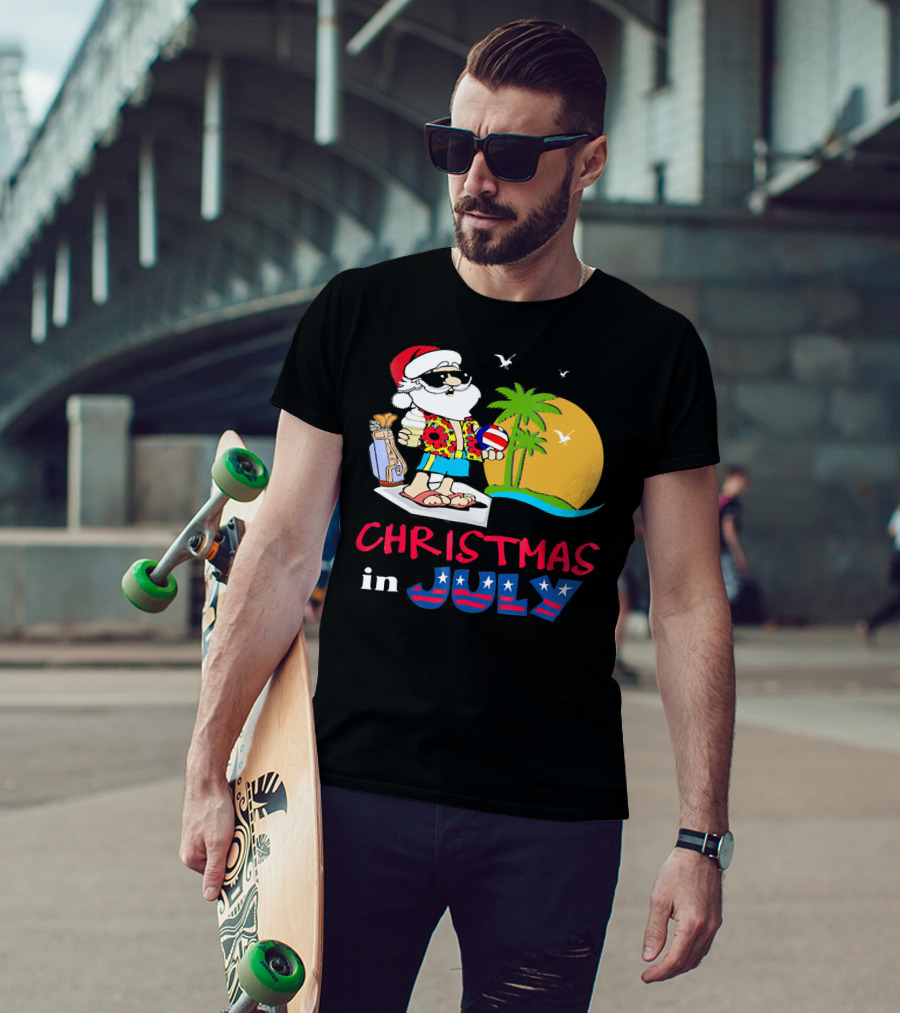 Christmas In July Funny Santa Summer Golf Sun And Palm Trees T-Shirt