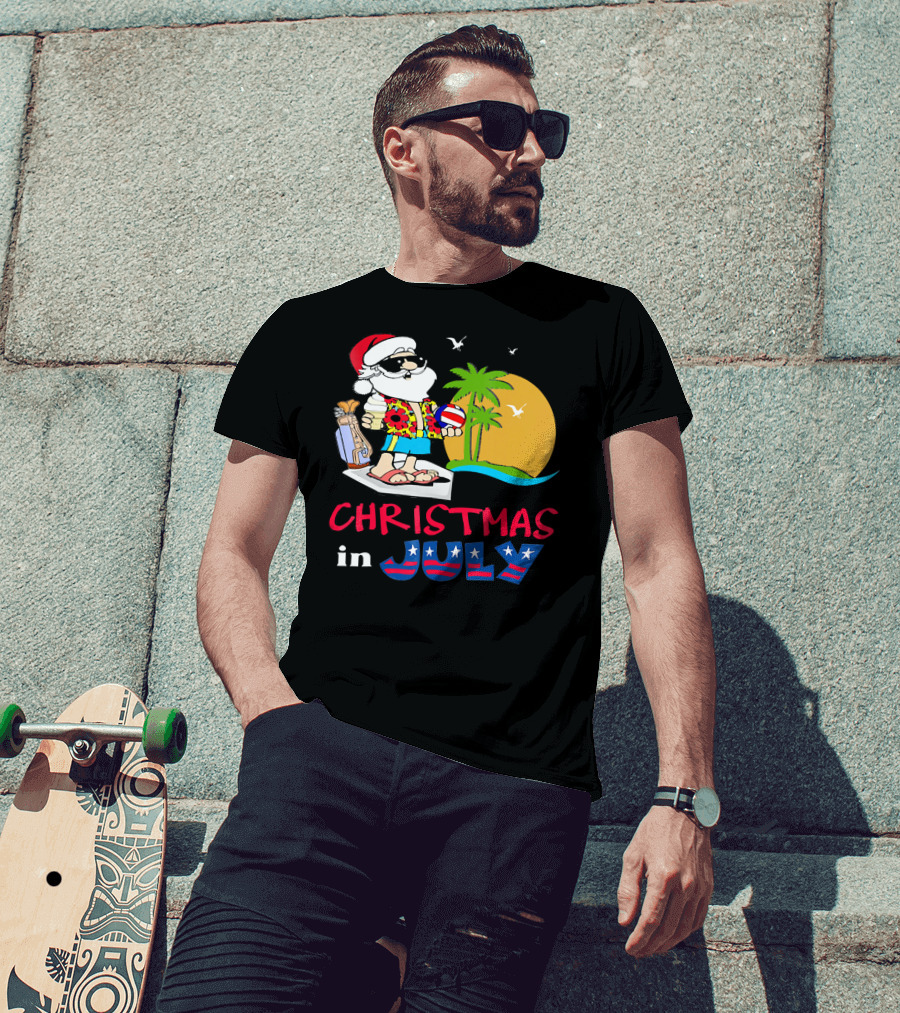 Christmas In July Funny Santa Summer Golf Sun And Palm Trees T-Shirt