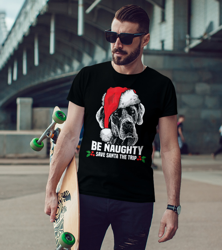 Be Naughty Save Santa The Trip Great Dane Santa Hat T-Shirt