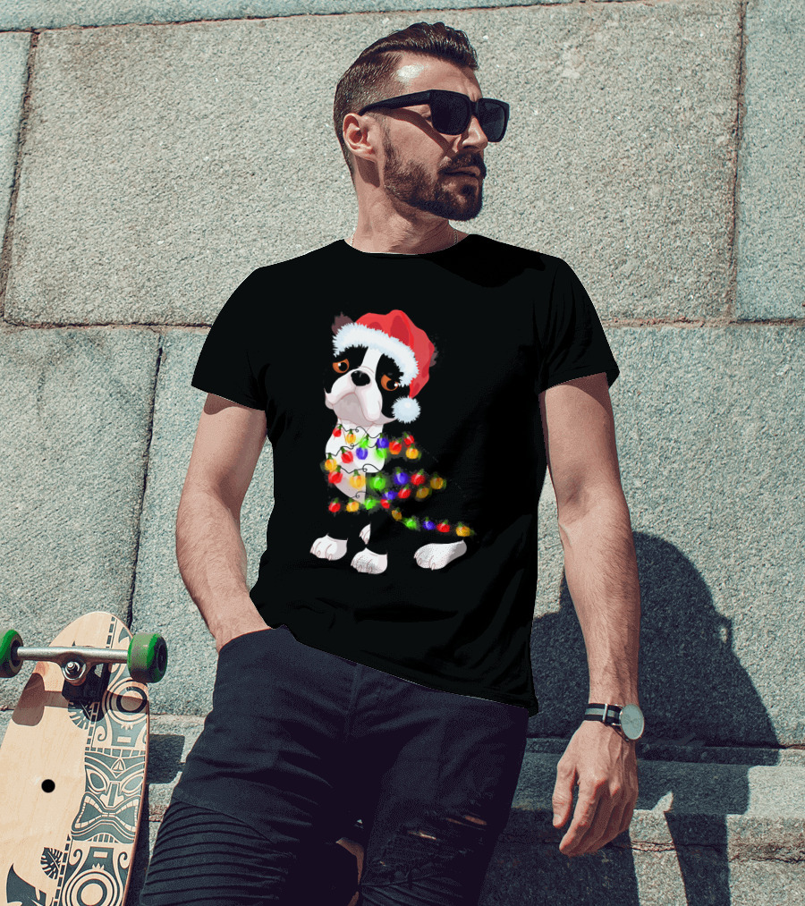 Boston Terrier Christmas Lights Santa Hat T-Shirt