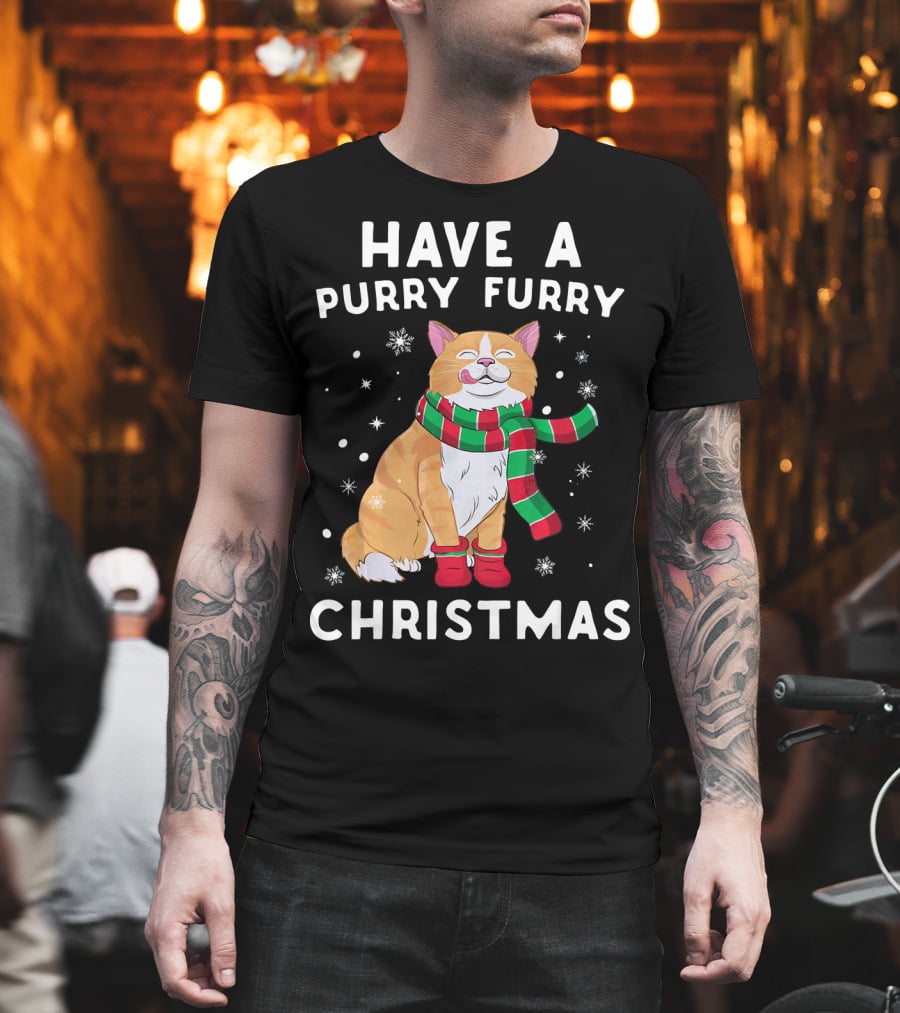 Have A Purry Furry Christmas Snowflakes and Cat with Scarf T-Shirt