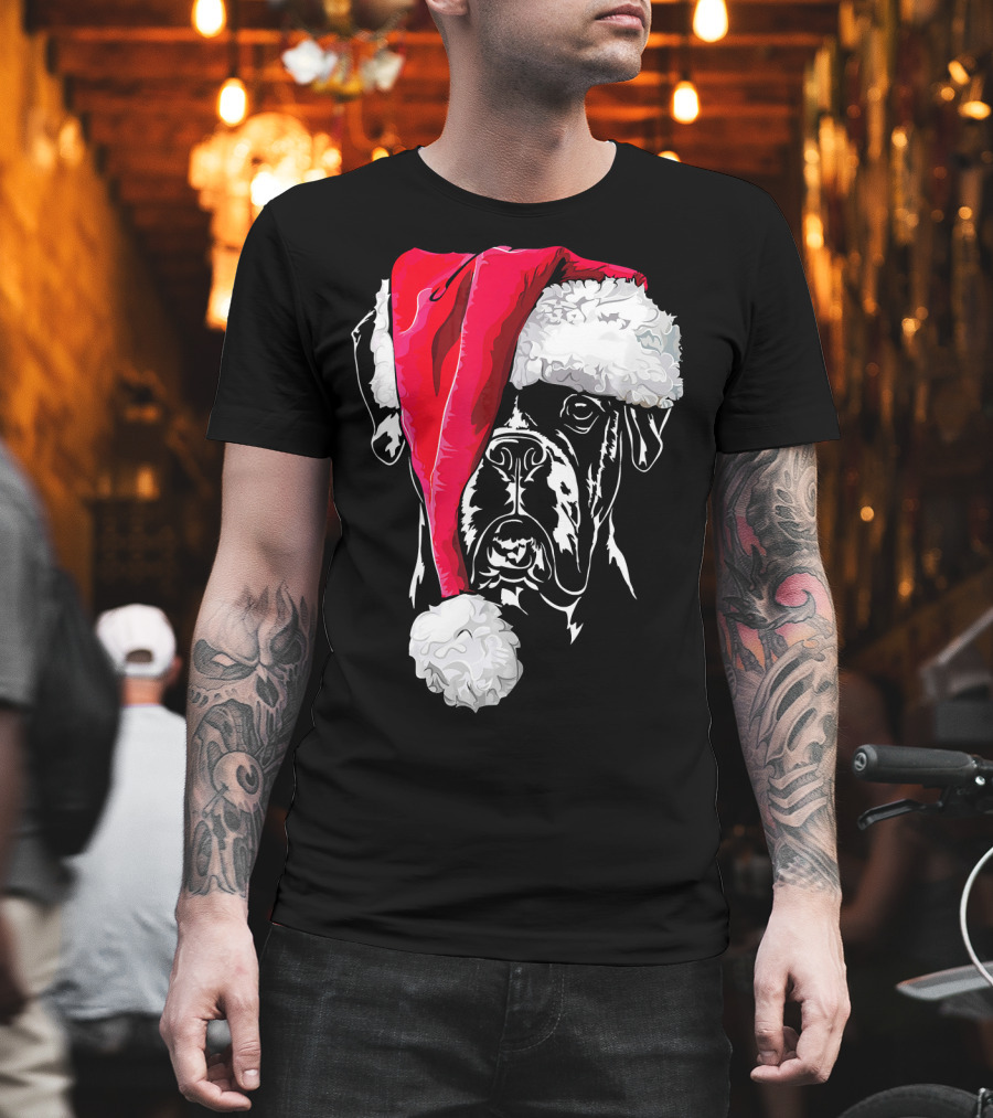 Funny Boxer Dog With Santa Hat Christmas T-Shirt
