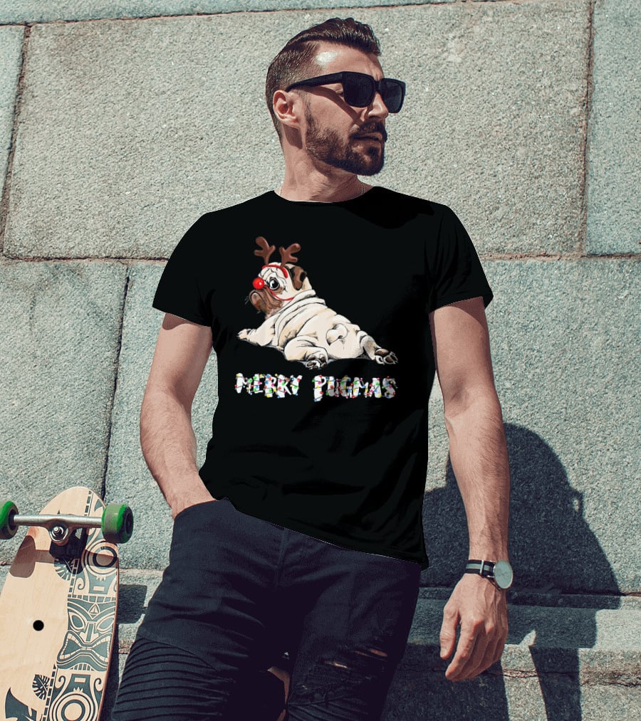 Merry Pugmas Christmas Reindeer Pug With Festive Lights For Dog Love T-Shirt