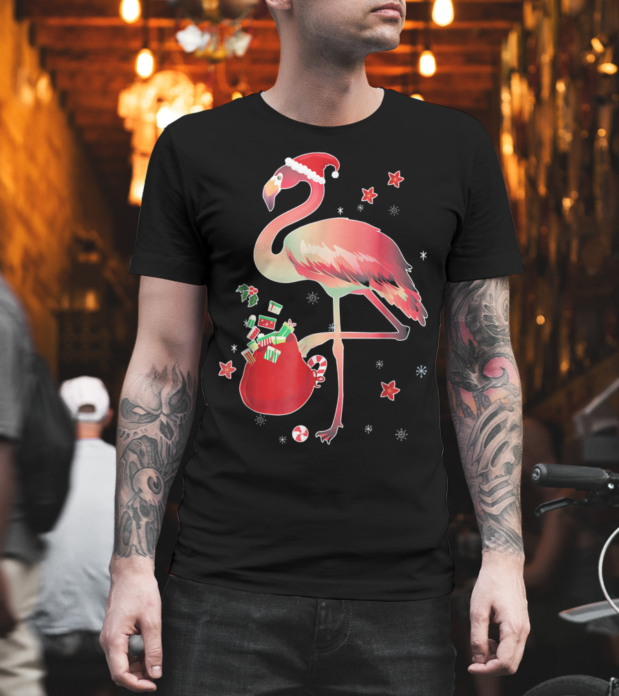 Ugly Christmas Funny Pink Flamingo with Santa Hat and Holiday Gift Bag T-Shirt