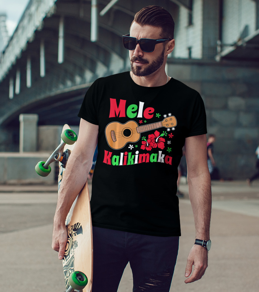 Mele Kalikimaka Ukulele Hibiscus Hawai Christmas T-Shirt
