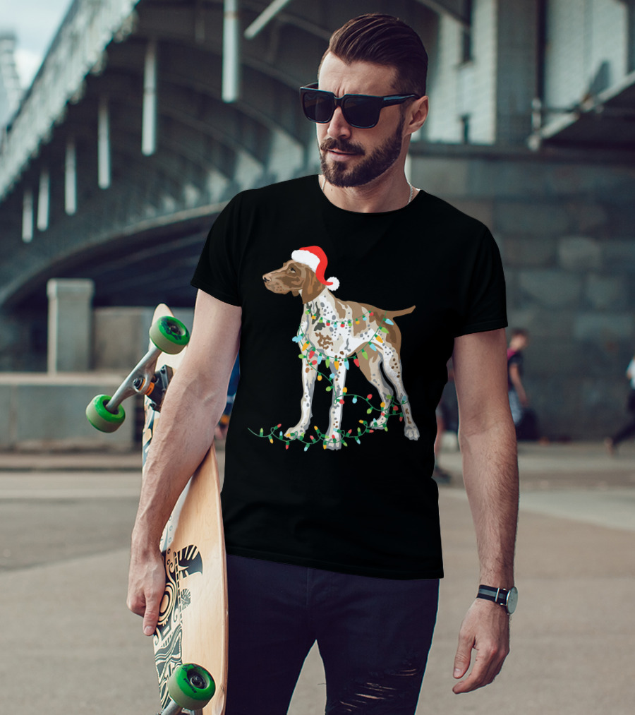 German Shorthaired Pointer Wearing Santa Hat With Christmas Lights Entwined T-Shirt