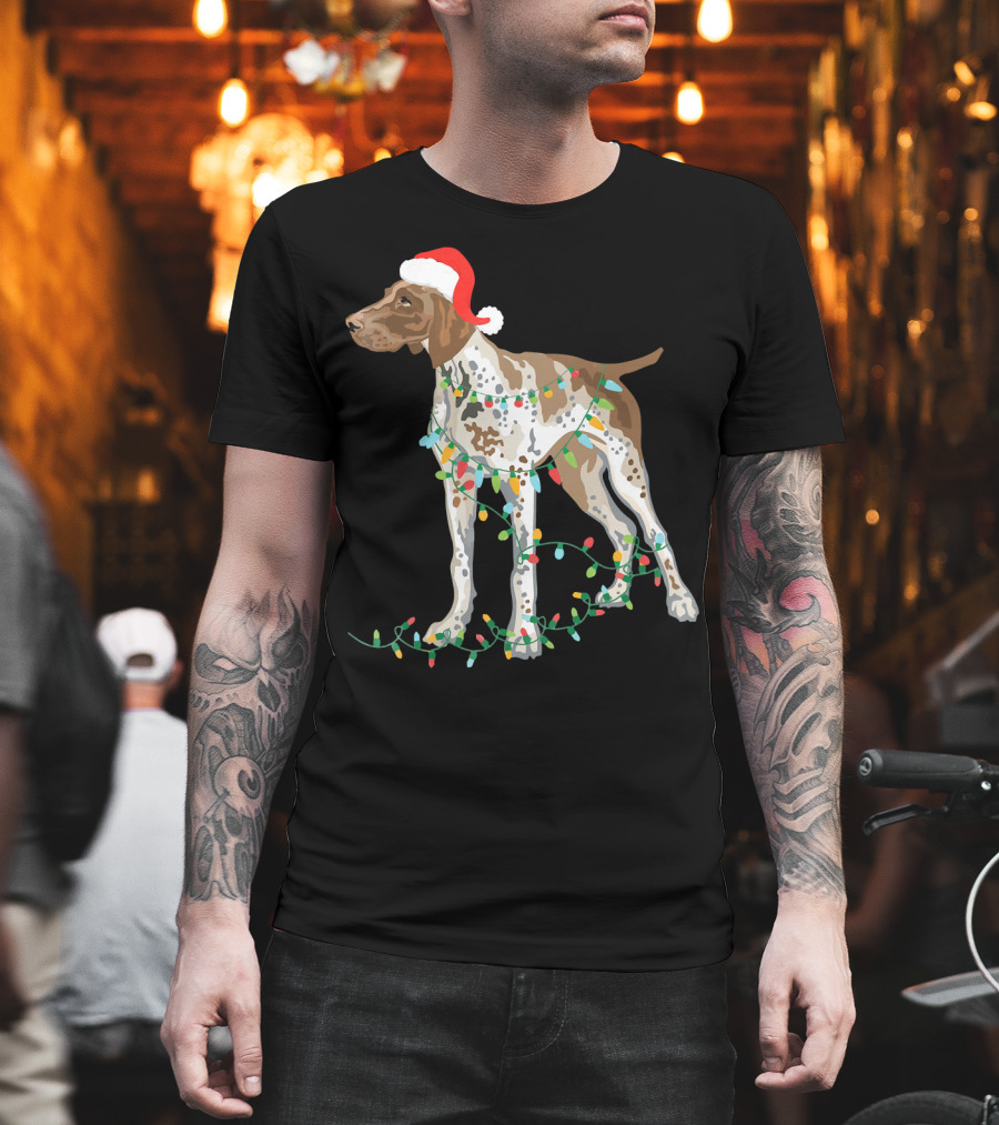 German Shorthaired Pointer Wearing Santa Hat with Christmas Lights Entwined T-Shirt