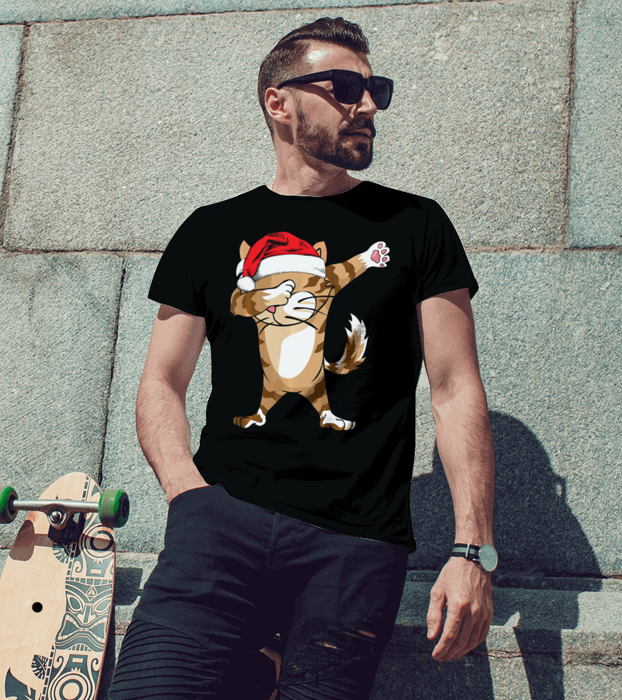 Santa Hat Dabbing Cat Christmas Holiday Fun T-Shirt