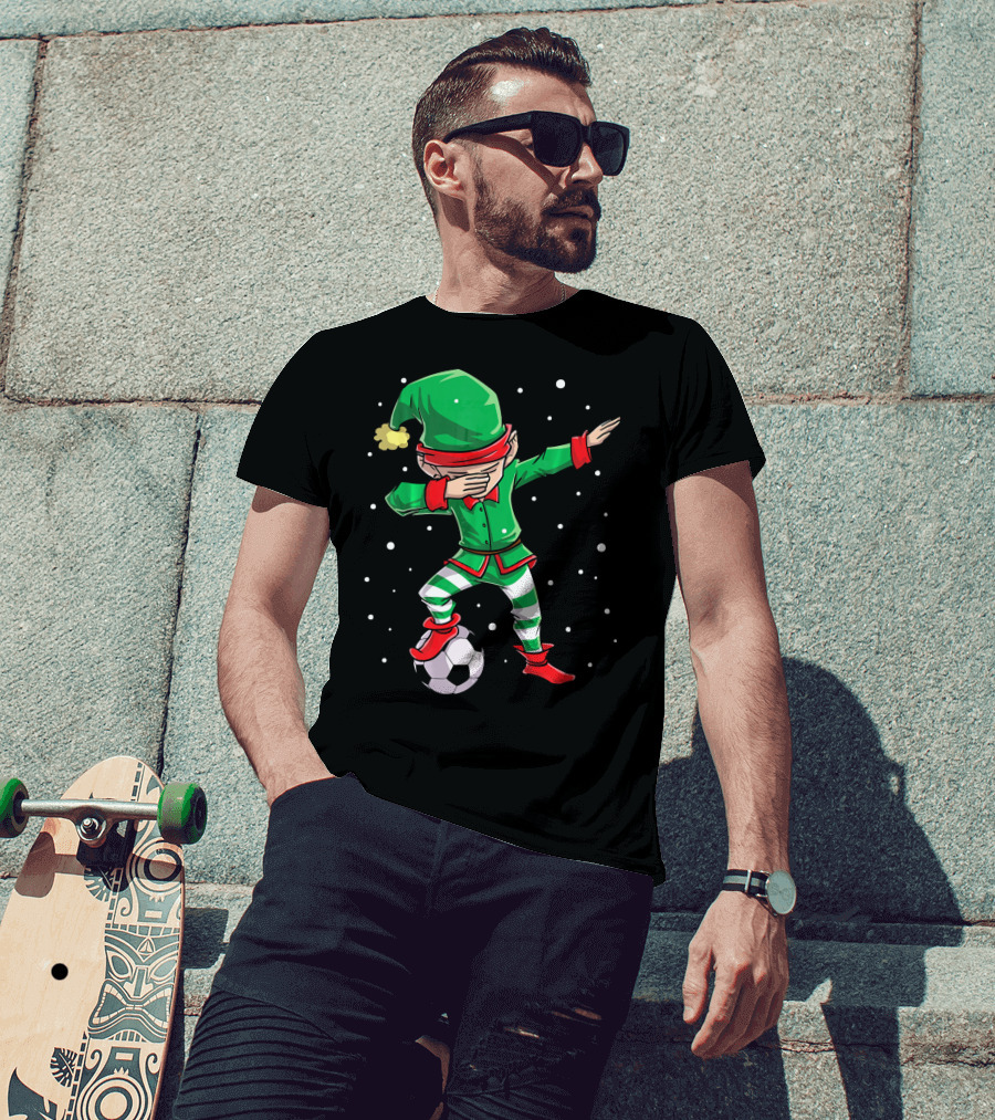Christmas Soccer Dabbing Elf Kicking Ball In Snowy Scene T-Shirt