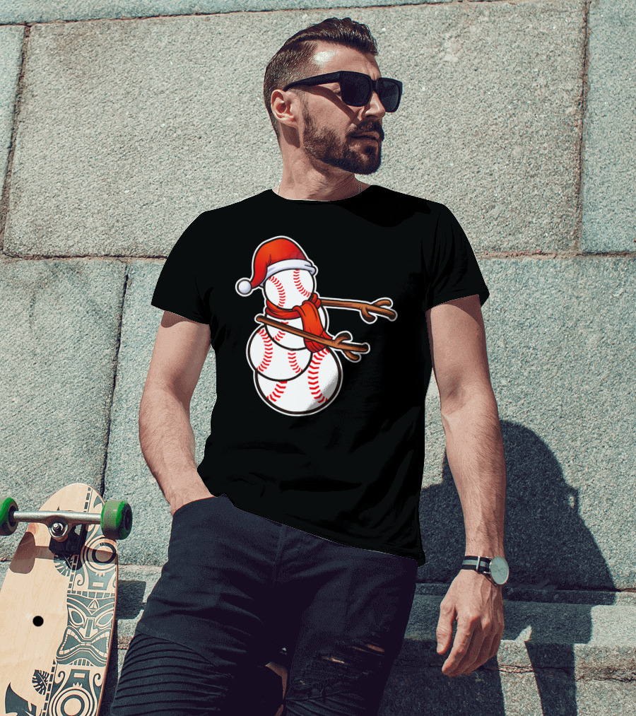 Santa Hat Snowman Made Of Baseballs Flossing T-Shirt