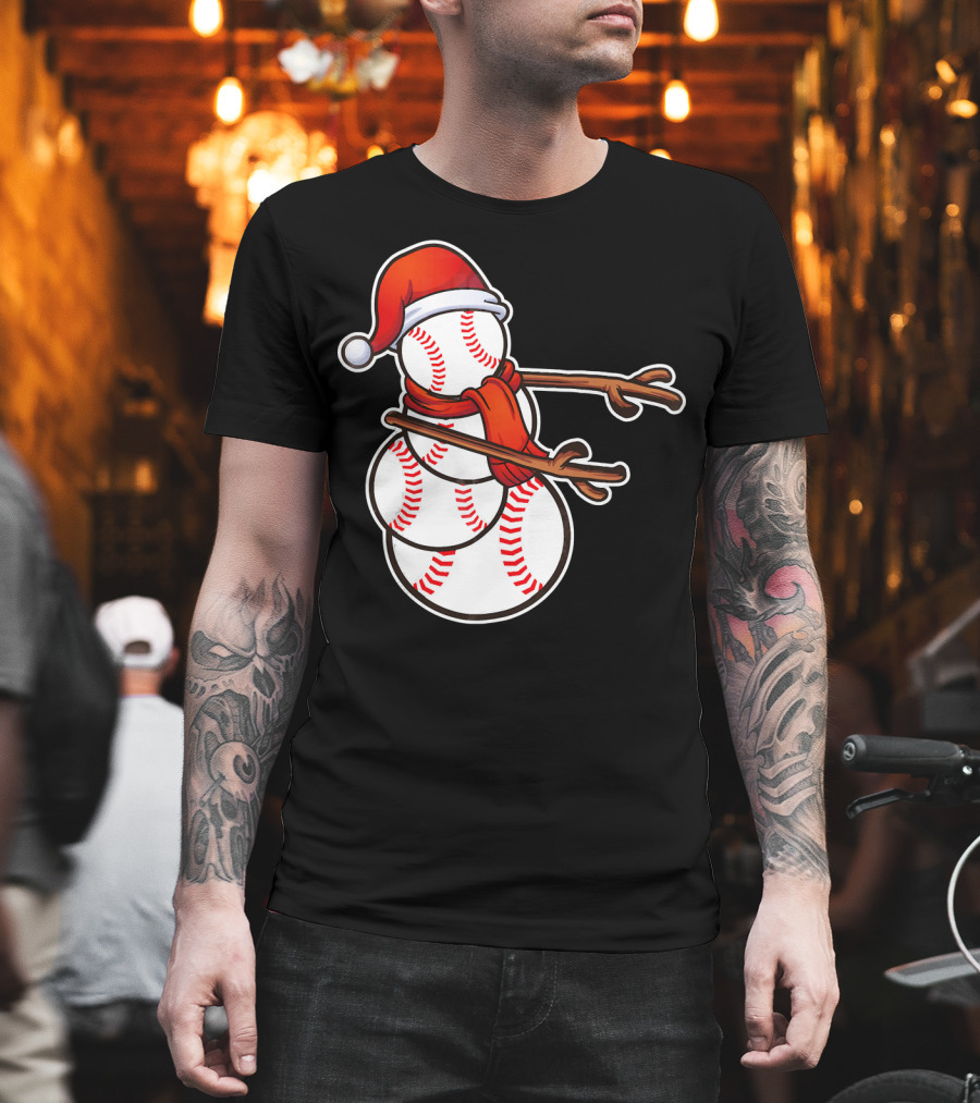 Santa Hat Snowman Made of Baseballs Flossing T-Shirt