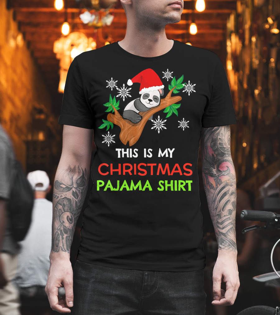 This is My Christmas Pajama Shirt Panda Santa Hat Snowflakes T-Shirt