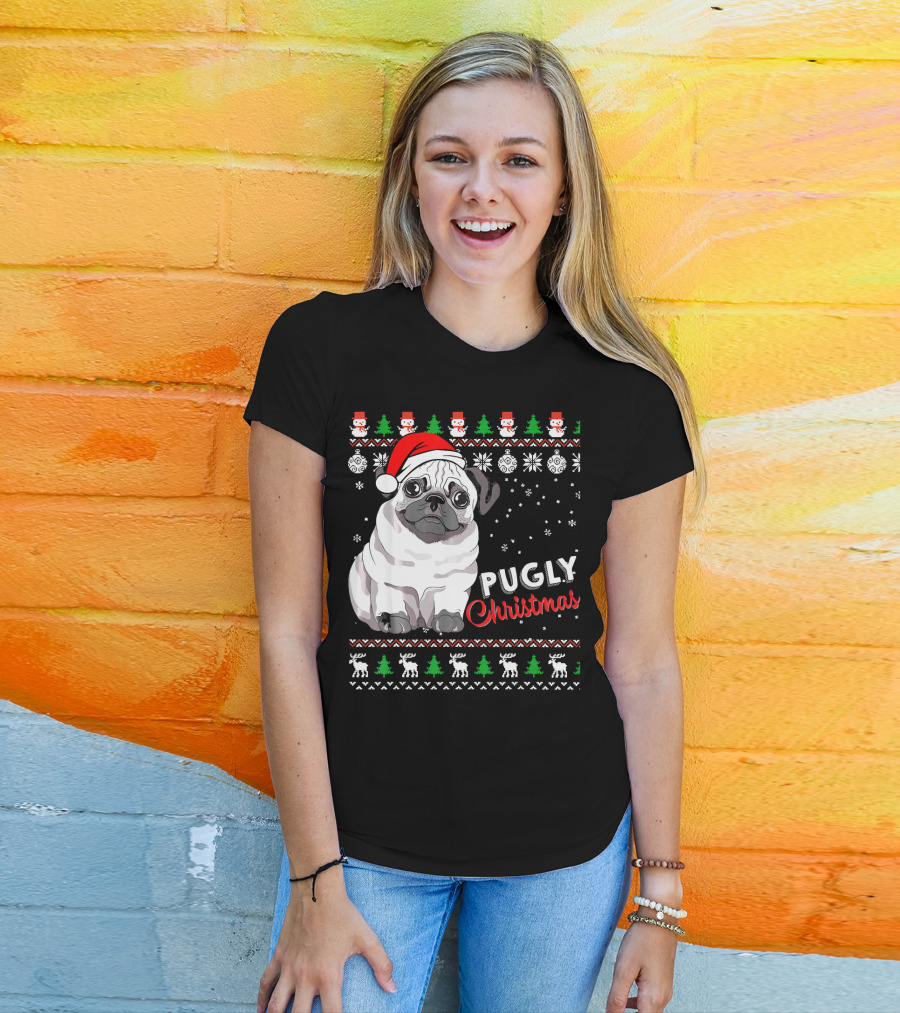 Pugly Christmas Santa Hat Snowflakes Ugly T-Shirt