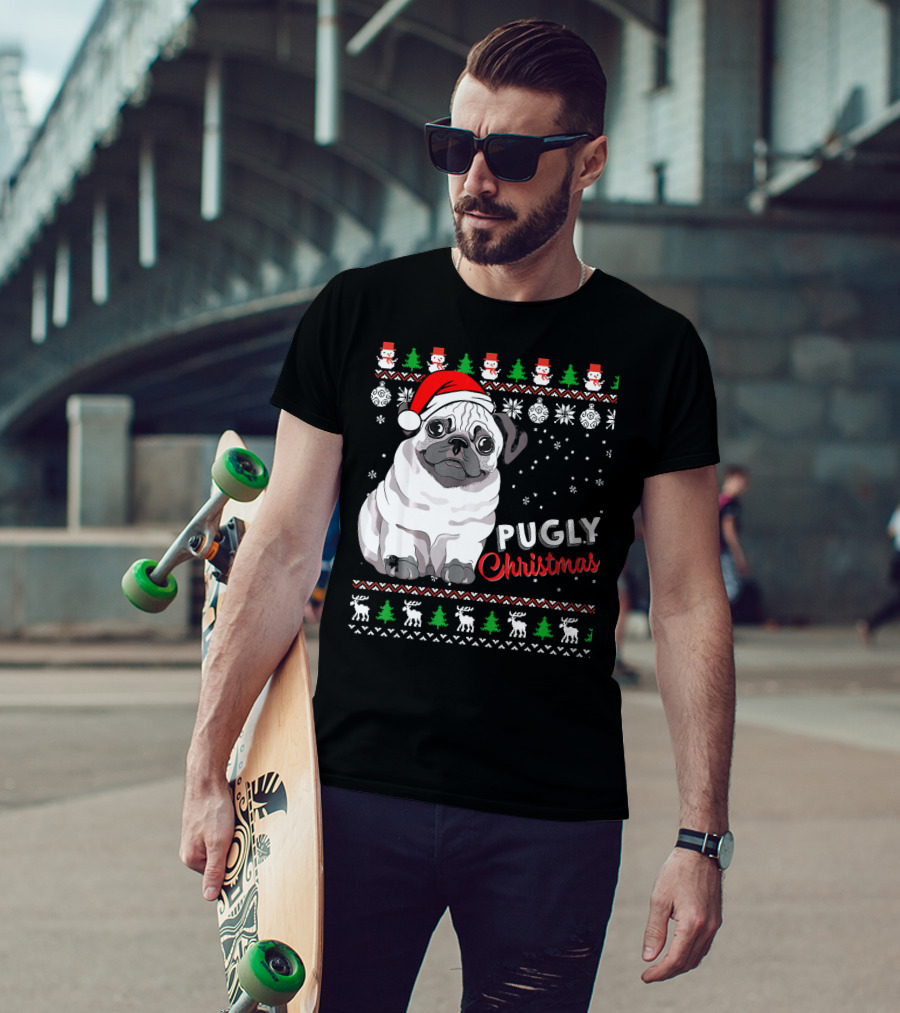 Pugly Christmas Santa Hat Snowflakes Ugly T-Shirt