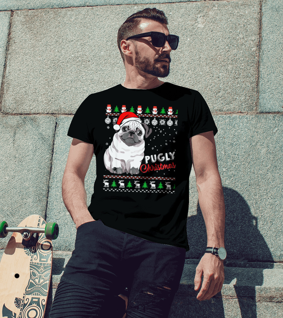 Pugly Christmas Santa Hat Snowflakes Ugly T-Shirt