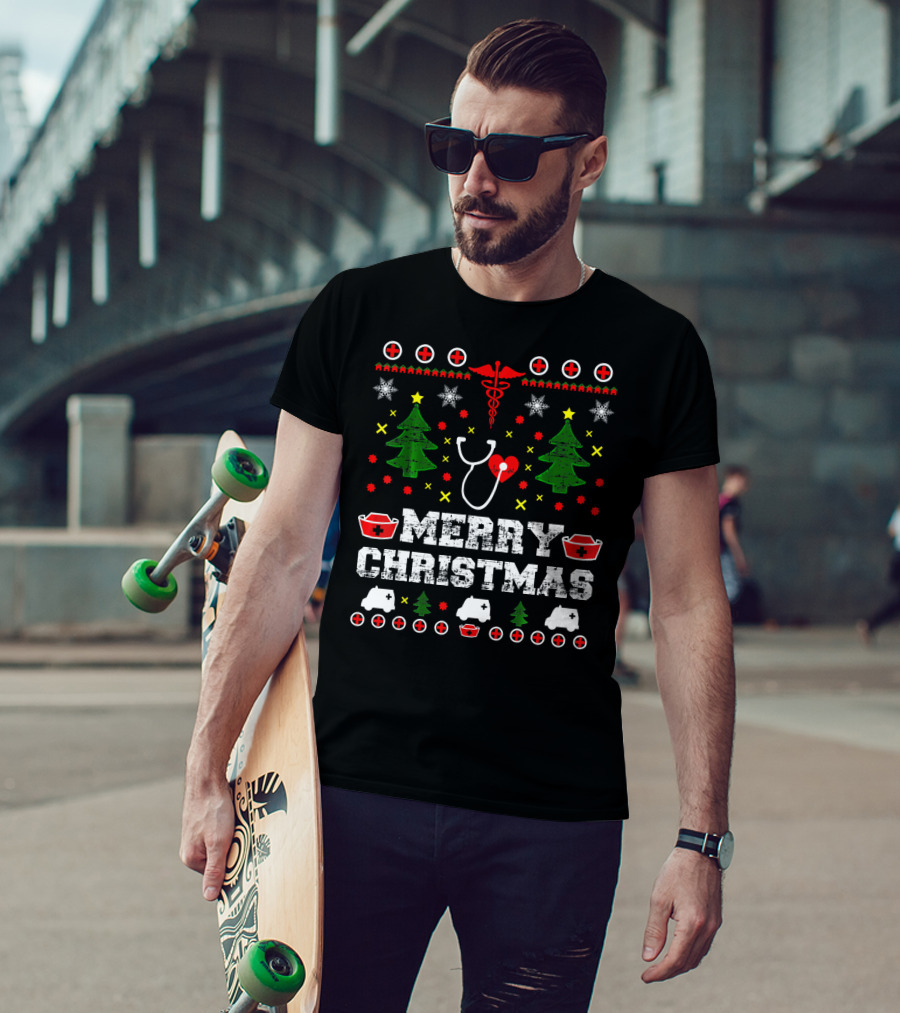 MERRY CHRISTMAS Nurse Ugly Stethoscope And Medical Symbols T-Shirt