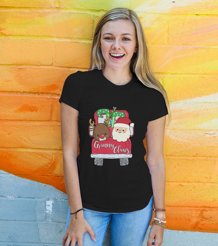 Granny Claus Santa And Reindeer In Christmas Car With Gifts T-Shirt