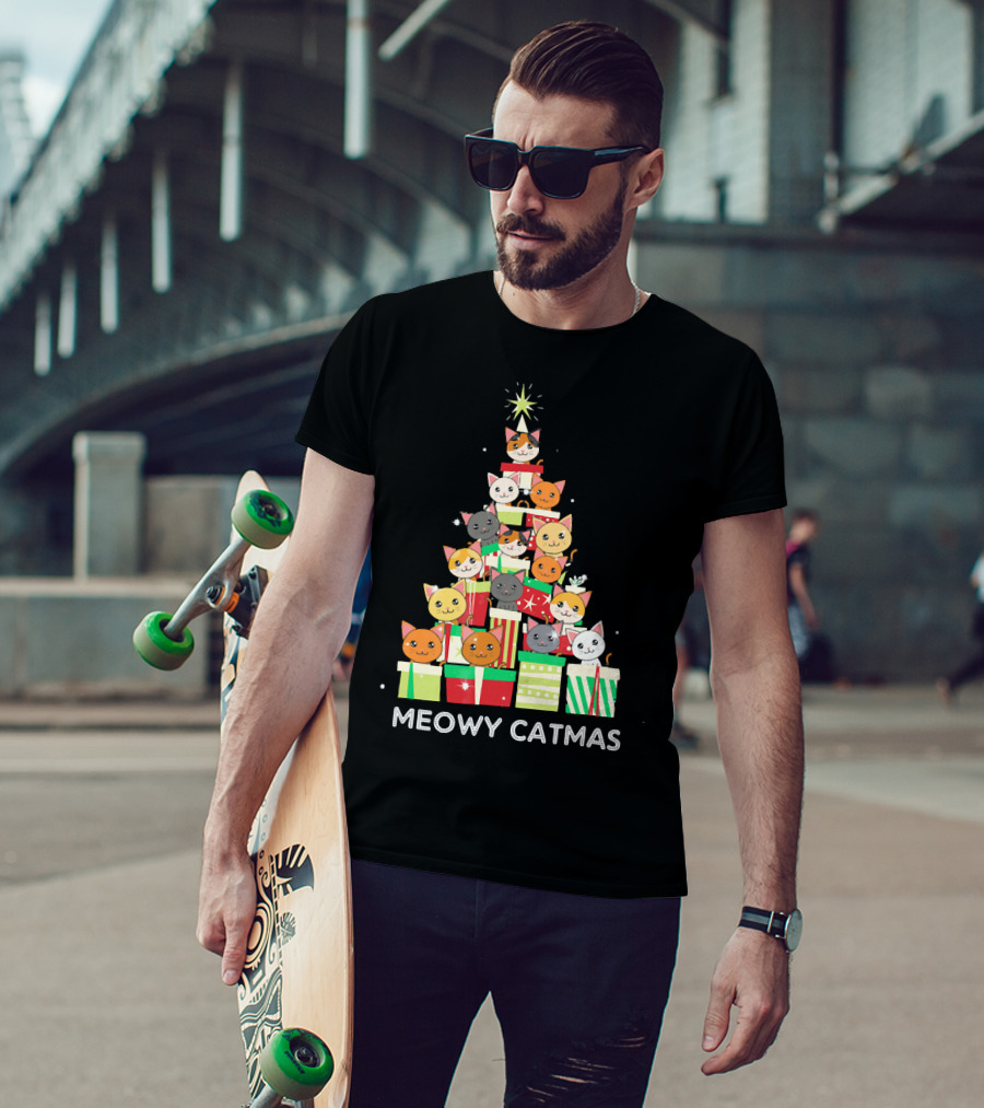 Meowy Catmas Funny Cat Christmas Tree Box T-Shirt