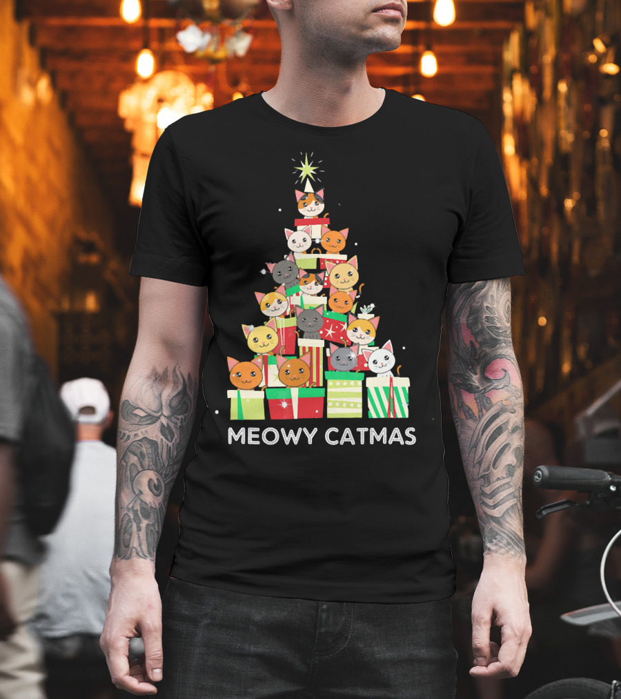 Meowy Catmas Funny Cat Christmas Tree Box T-Shirt