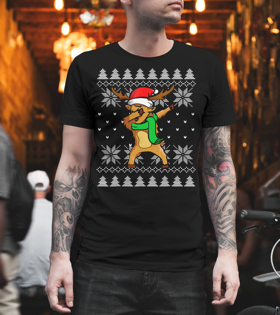 Funny Christmas Dabbing Reindeer in Santa Hat and Scarf Ugly T-Shirt