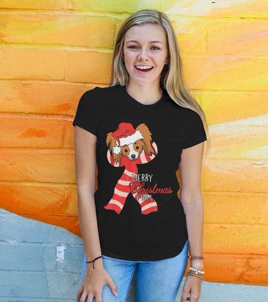 Papillon Dog Merry Christmas Y'all Santa Hat Striped T-Shirt