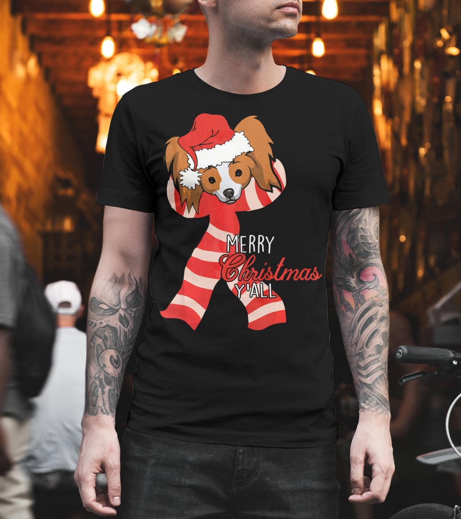 Papillon Dog Merry Christmas Y'all Santa Hat Striped T-Shirt