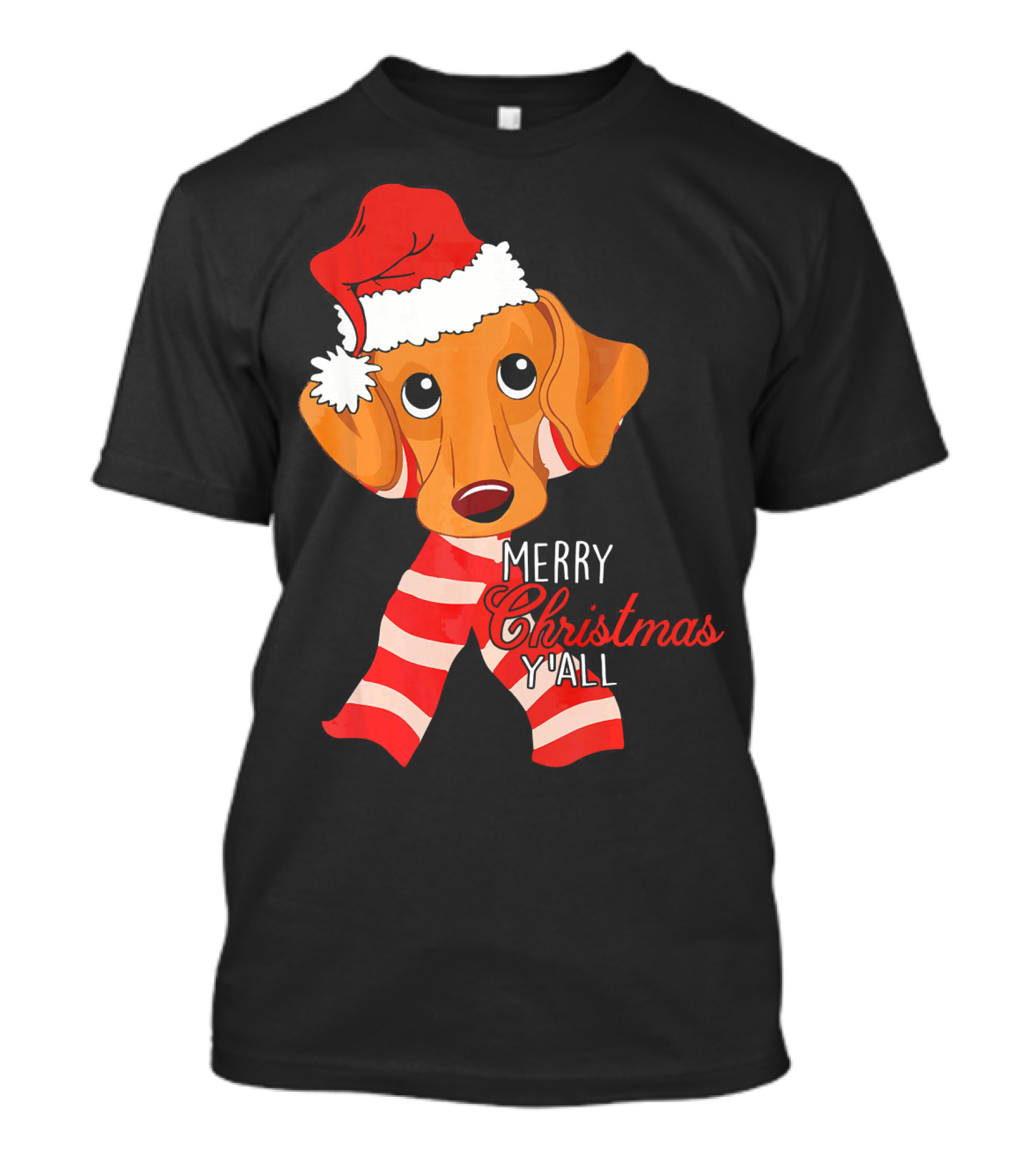 Merry Christmas Y'all Dachshund Dog Wearing Santa Hat And Striped Scarf T-Shirt