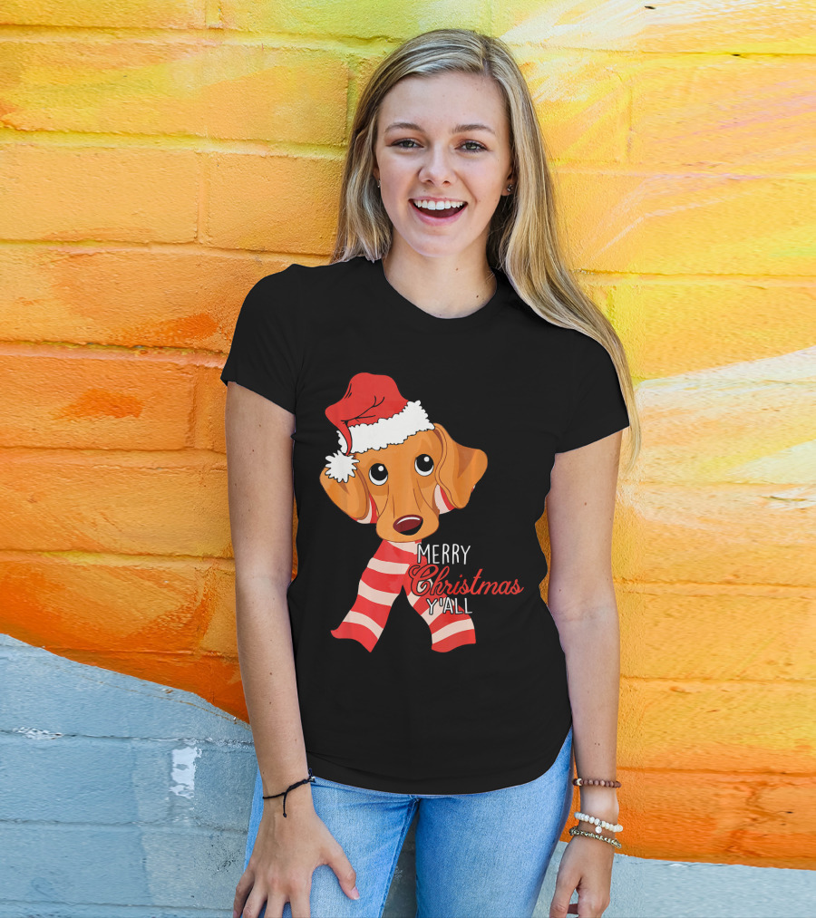 Merry Christmas Y'all Dachshund Dog Wearing Santa Hat And Striped Scarf T-Shirt