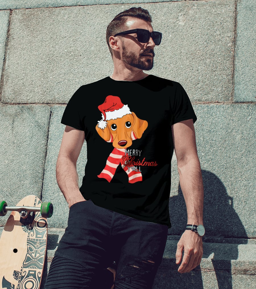 Merry Christmas Y'all Dachshund Dog Wearing Santa Hat And Striped Scarf T-Shirt