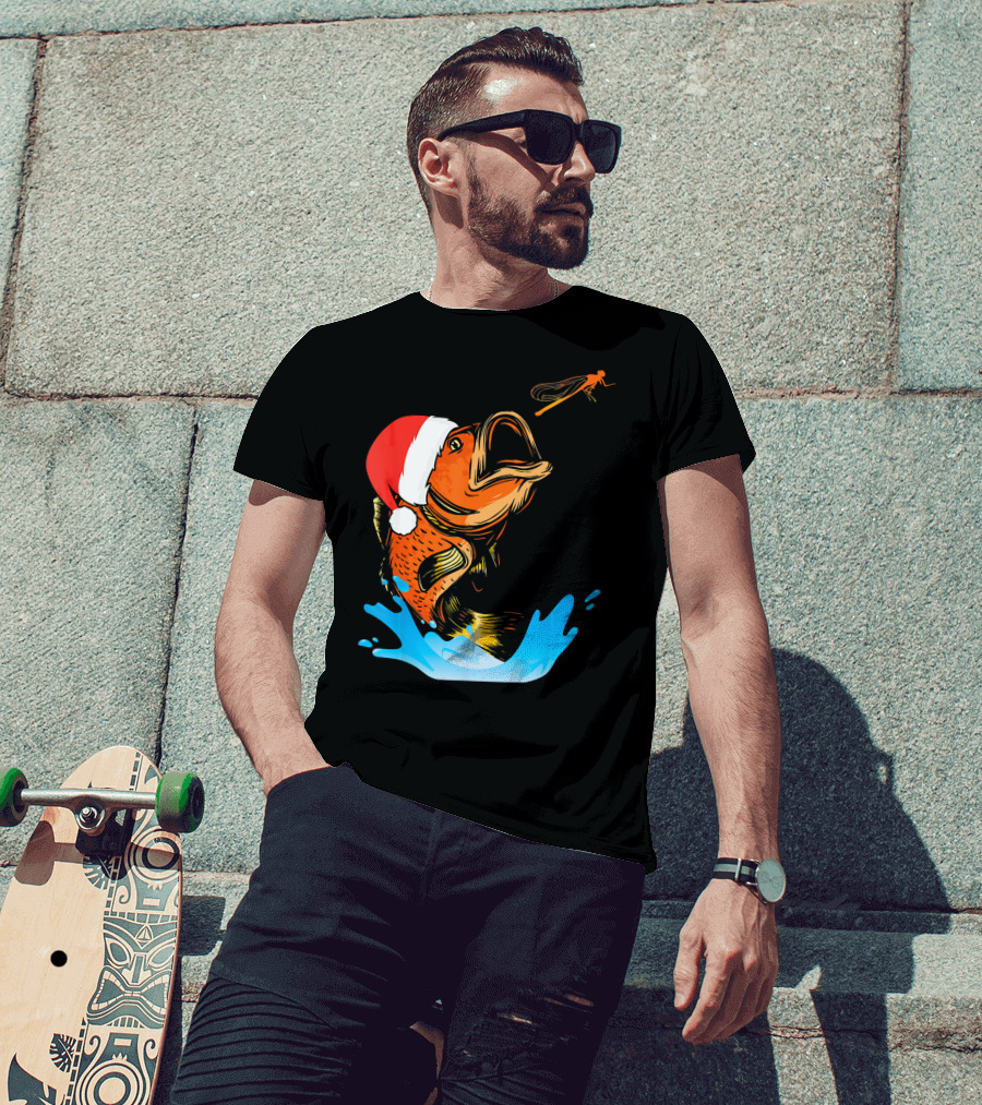 Bass Fishing Santa Hat Splashing Christmas Fish T-Shirt