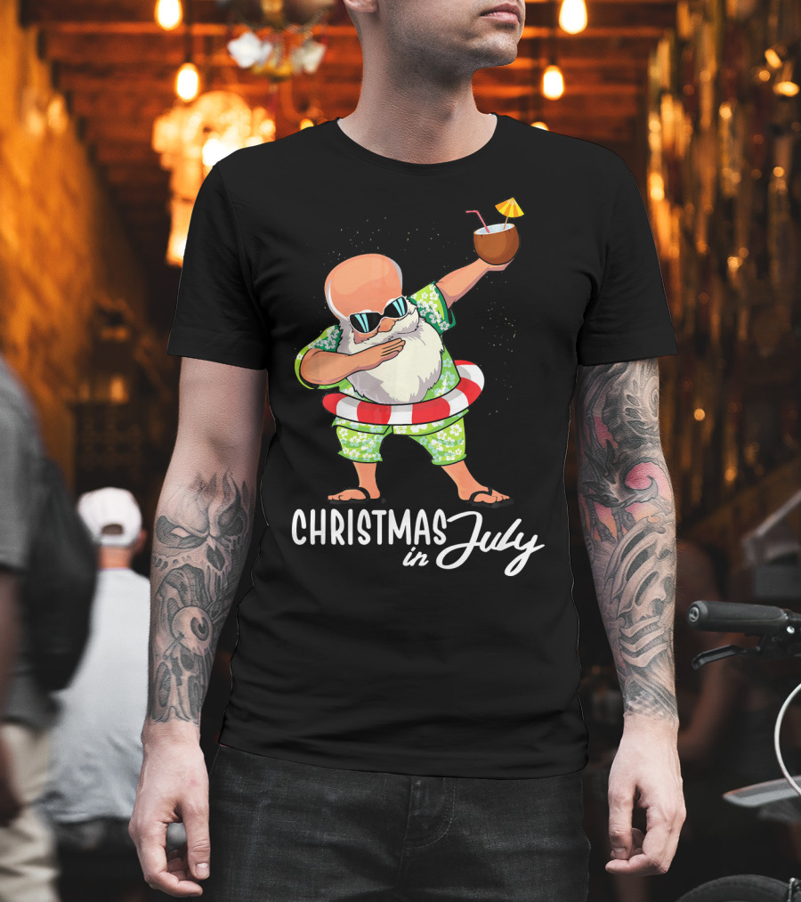Dabbing Santa Christmas In July Coconut Drink Sunglasses Summer Fun T-Shirt
